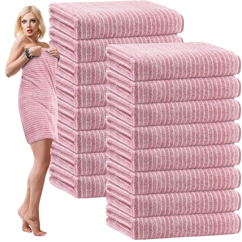 SmoothNovelty 16 Pack Microfiber Bath Towels Bulk 27'' x 60'' Oversized Size Bath Towel Highly Absorbent Extra Large Soft Drying for Shower Summer Beach Salon Sport Party (Pinstripe,Pink)