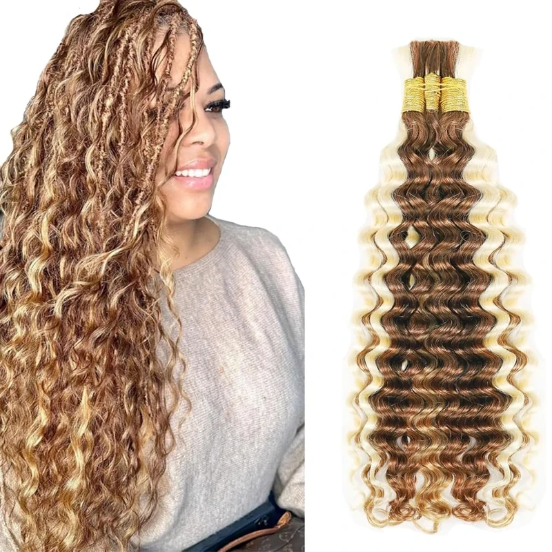 Evaxilc Deep Wave P30/613 Highlight Blonde Color 50g/Bundles Bulk Hair For Braiding 3 Bundles/Pack Virgin No Weft For Braiding Wavy Human Hair Extensions 14 14 14 Inch