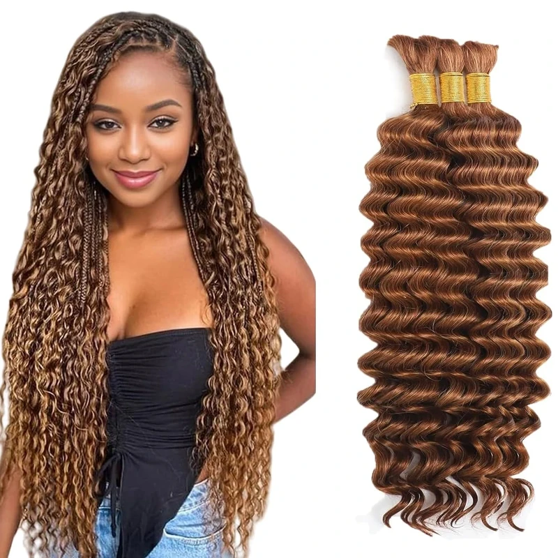 Evaxilc #30 Dark Brown 14 14 14 Inch Boho Braids Human Hair Deep Wave For Braiding 3 Bundles/Pack Total 150g No Weft Unprocessed Human Braiding Hair For Women