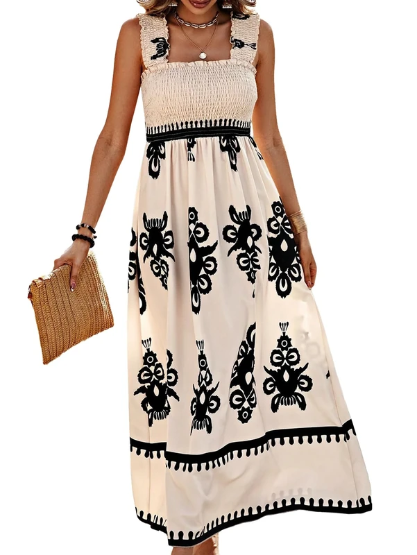 Women's Smocked Sleeveless Flowy Tribal Print Boho Vacation Summer Maxi Sundress, Beige, Small