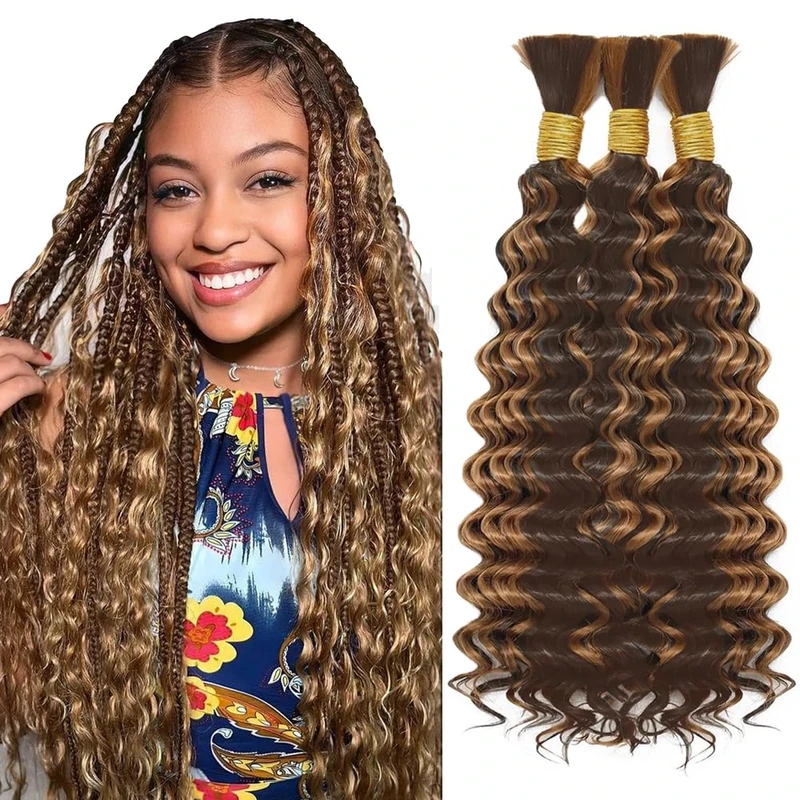Evaxilc Deep Wave p4/30 Highlight Brown Color Bulk hair For Braiding 3 Bundles/Pack Total 150g Virgin No Weft For Braiding Wavy Human Hair Extensions 14 14 14 Inch