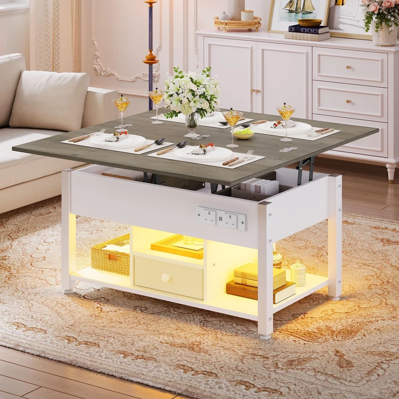 YITAHOME Folding Lift Top Coffee Table with Drawer, 4-in-1 Convertible Table with Storage Space and Type-G Outlets, Multi-Color LED Lighting with Music Mode for Living Room, Dining Room, White Grey