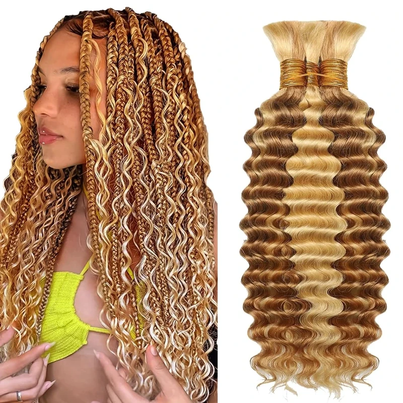 Evaxilc Deep Wave Bulk hair For Braiding 3 Bundles/Pack p27/613 Highlight Blonde Color Unprocessed Virgin No Weft For Braiding Wavy Human Hair Extensions 14 14 14 Inch
