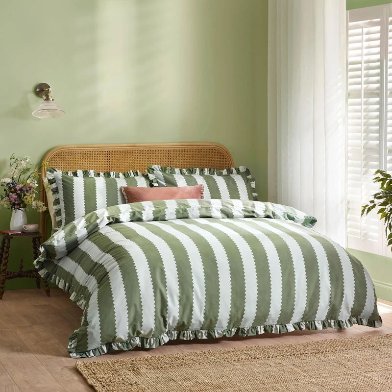 furn. Wylder Birdie Stripe Duvet Cover Set – Reversible Ruffled Cotton Rich Striped Bedding (Baygreen/Mist - Double)