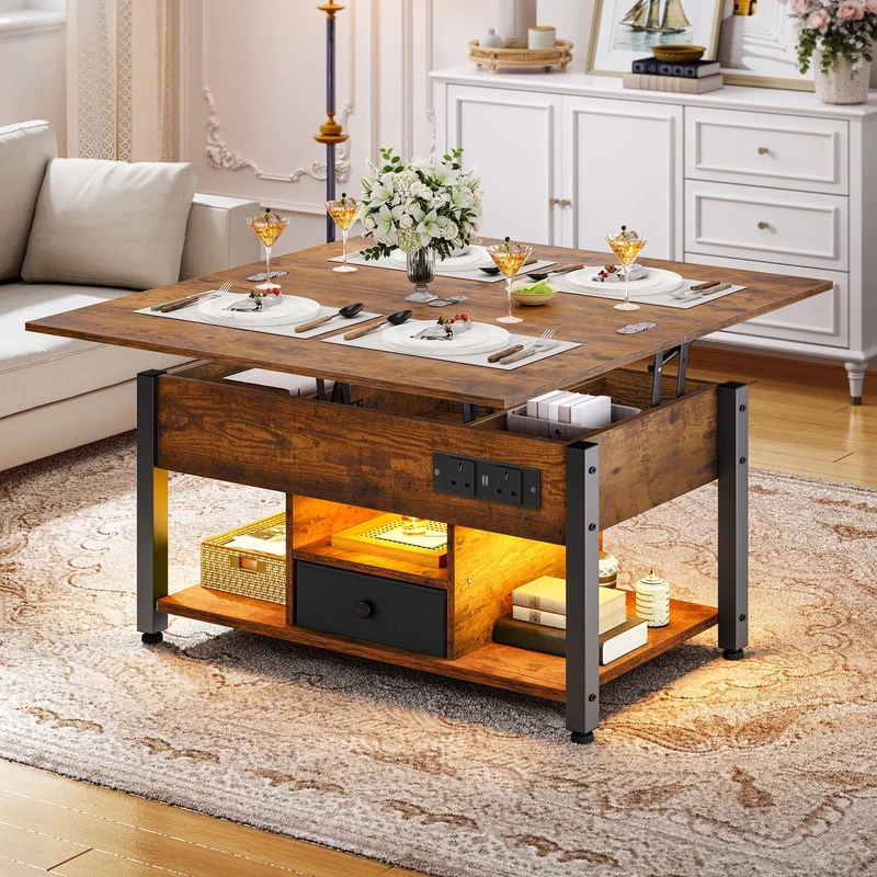 YITAHOME Folding Lift Top Coffee Table with Drawer, 4-in-1 Convertible Table with Storage Space and Type-G Outlets, Multi-Color LED Lighting with Music Mode for Living Room, Dining Room, Rustic Brown