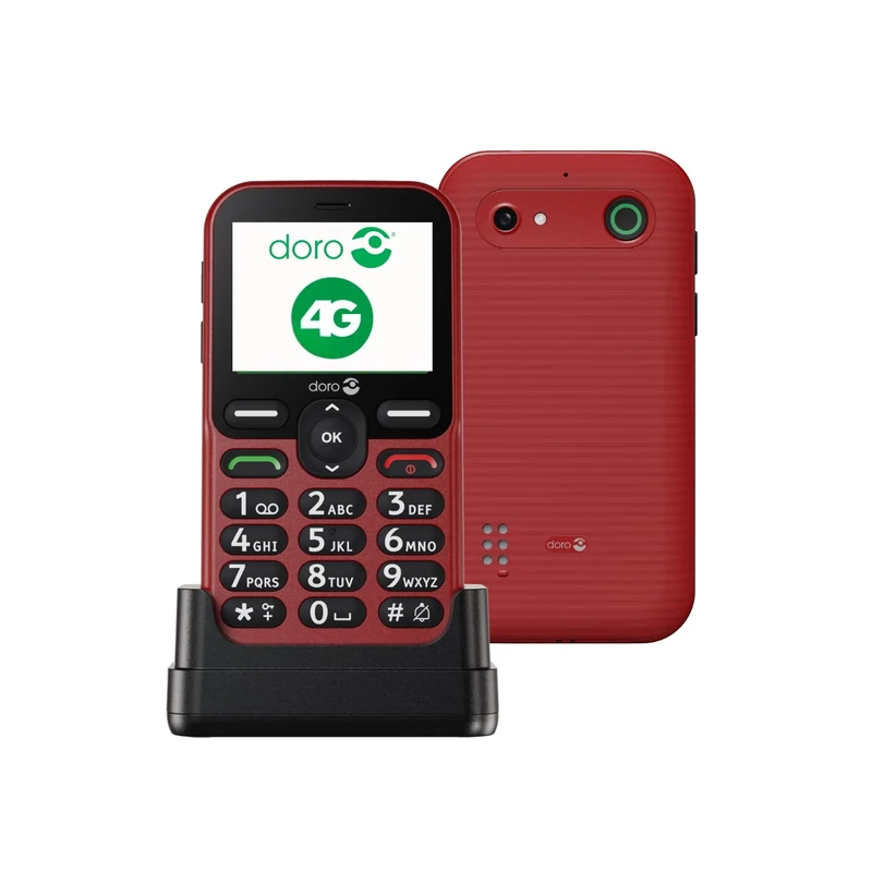DORO Phone - Doro Leva E10 - 4G Mobile Phone For Elderly - 2.4" Landscape Display, High Contrast Keys, Extra Loud & Clear Sound, HD Voice, Camera, Doro Secure Button - Charging Cradle - Red