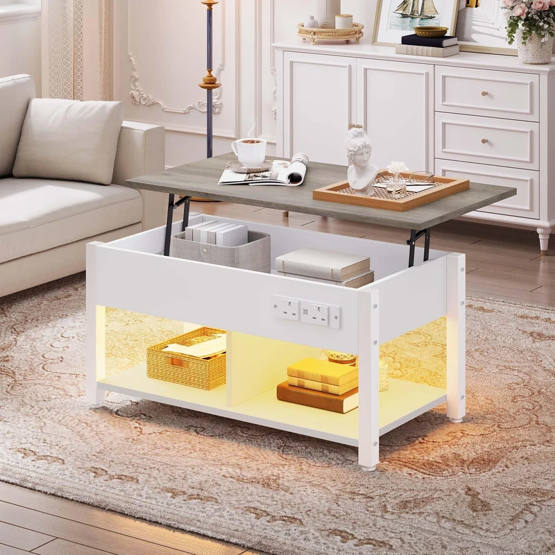 YITAHOME Lift-Top Coffee Table, Easy Adjustable Height with Hidden Storage, Rectangular Coffee Table with 2-Tier Storage, Power Outlets, Multi-Color LED Lighting for Living Room, White and Grey