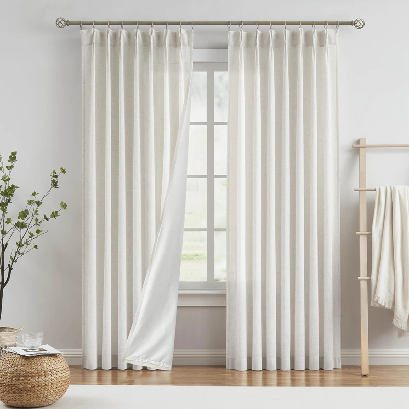 Vision Home Natural Pinch Pleated Light Filtering Curtains with Microfiber Liner 102 inch Linen Blended Textured Pleat Window Drapes for Living Room Bedroom Back Tabs with Hooks 2 Panels 40" Wx102 L