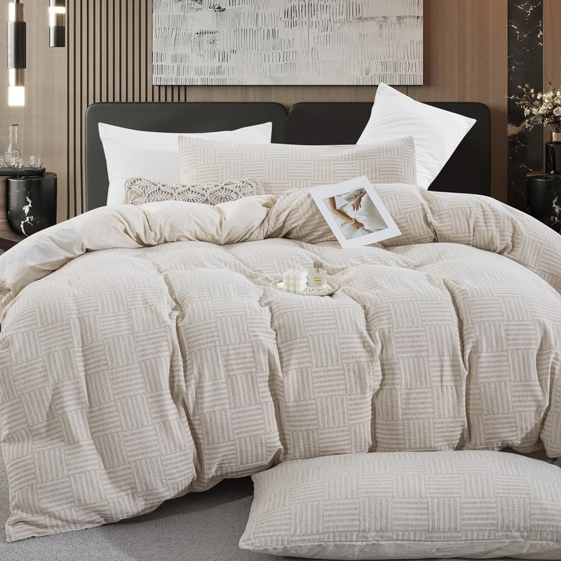 TodaFre Linen Cotton Duvet Cover Queen Size, Beige Grid Weave Textured, Soft Lightweight Bedding Set for Hot Sleepers -1 Neutral Duvet Cover 90x90 Inches with Zipper, 2 Pillowcases