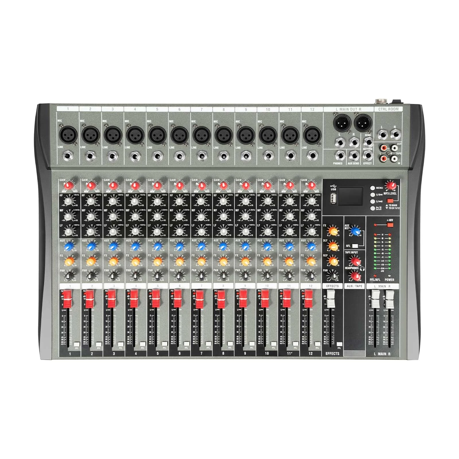 12 Channel Studio Audio Mixer 15W 12 DJ Sound Controller USB Interface 10m Bluetooth Connection 12 Channel DJ Controller Mixing Desk 72mm Fader Sliding Groove with Mic Interface