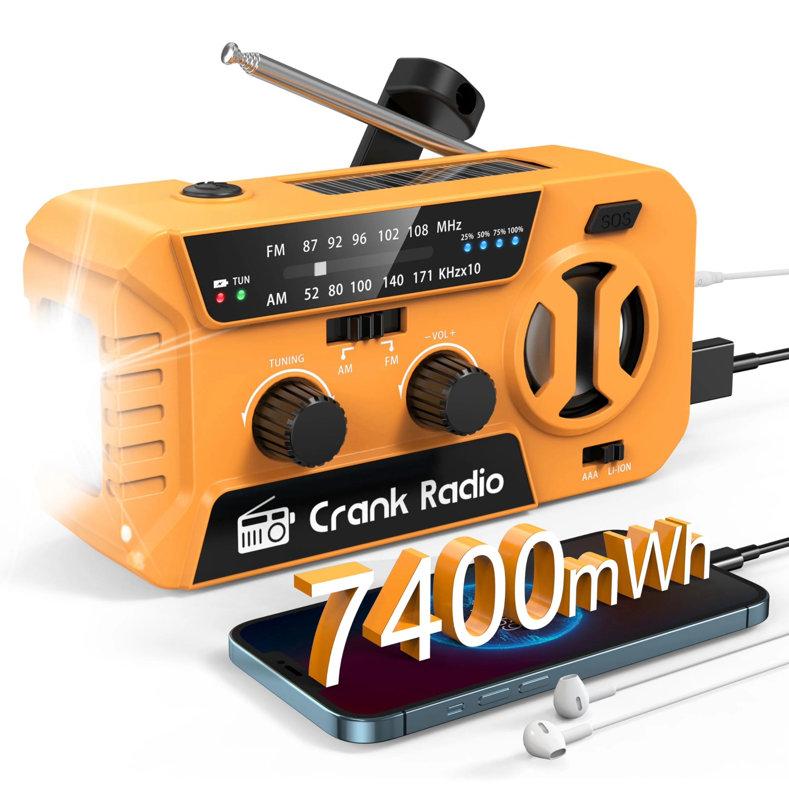 Wind Up Radio UK Emergency Radio 7400mWh (2000mAh) Hand Crank Radio with Battery Operated/USB/solar charger, 3 LED Flashlight & SOS Alarm, wind up torch for Hurricane emergency survival kit