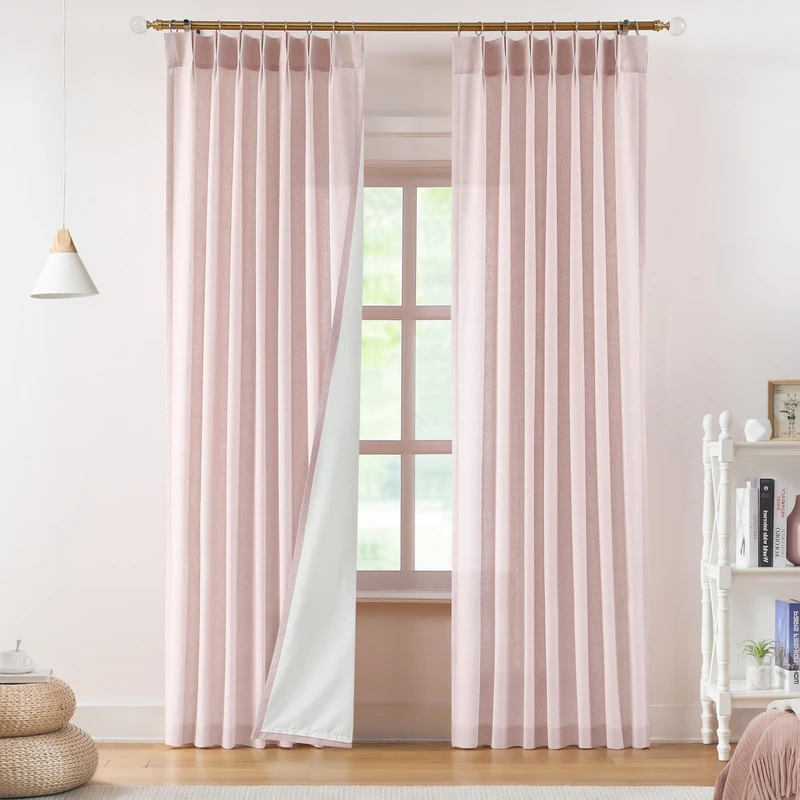 Vision Home Pink Pinch Pleated Light Filtering Curtains with Microfiber Liner 95 inch Linen Blended Textured Privacy Drapes for Living Room Girls Bedroom Back Tabs with Hooks 2 Panels 40" Wx95 L