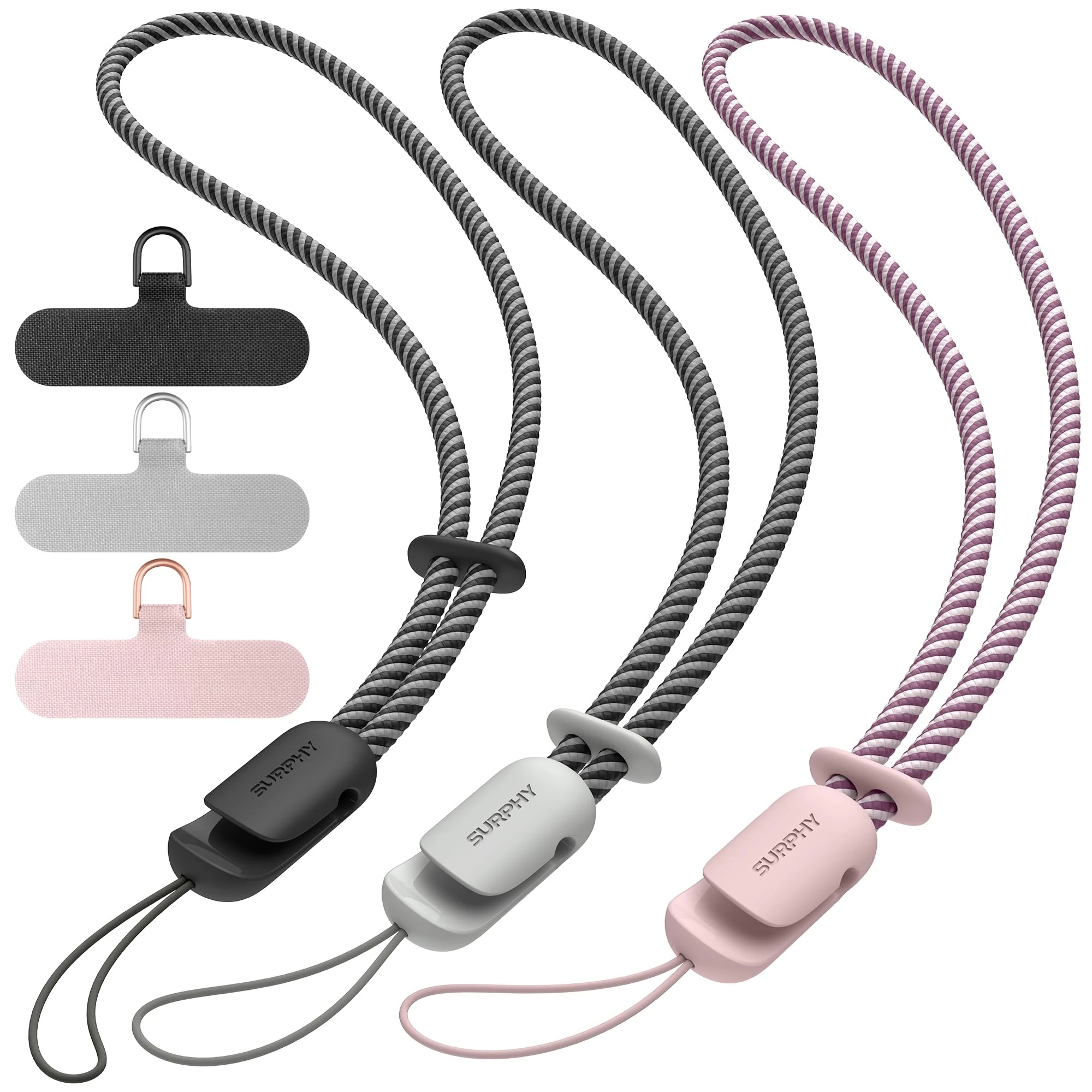 SURPHY 3 Pack Phone Wrist Strap, with CellPhone Tether Tab, Adjustable Phone Lanyard Anti-Theft Phone Strap, Black & Pink & Grey