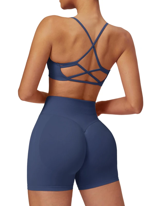 ABOCIW 2 Piece Seamless Workout Sets for Women Scoop Neck Strappy Sports Bra Scrunch Butt Lifting Gym Impact Shorts, Dark Sapphire Blue, S