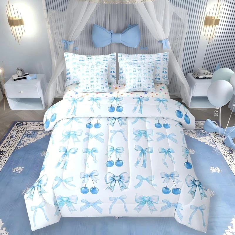 Erosebridal Blue Cherry Bow Queen Comforter Set with Sheets Cute Silk Ribbon Bowknot 7 Piece Bedding Set, Princess Bow Tie Dreamy Kawaii Bed in a Bag, Princess Room Decor Aesthetic