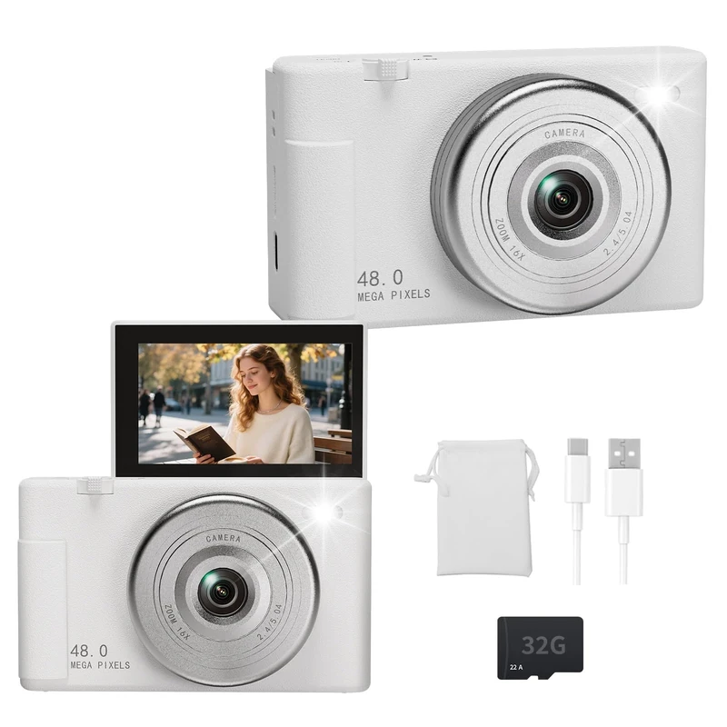 2K Digital Camera with 48MP Multi-Filter 16X Zoom Anti Shake, 3" LCD Screen Compact Vlogging Camera with 32G SD-Card, White