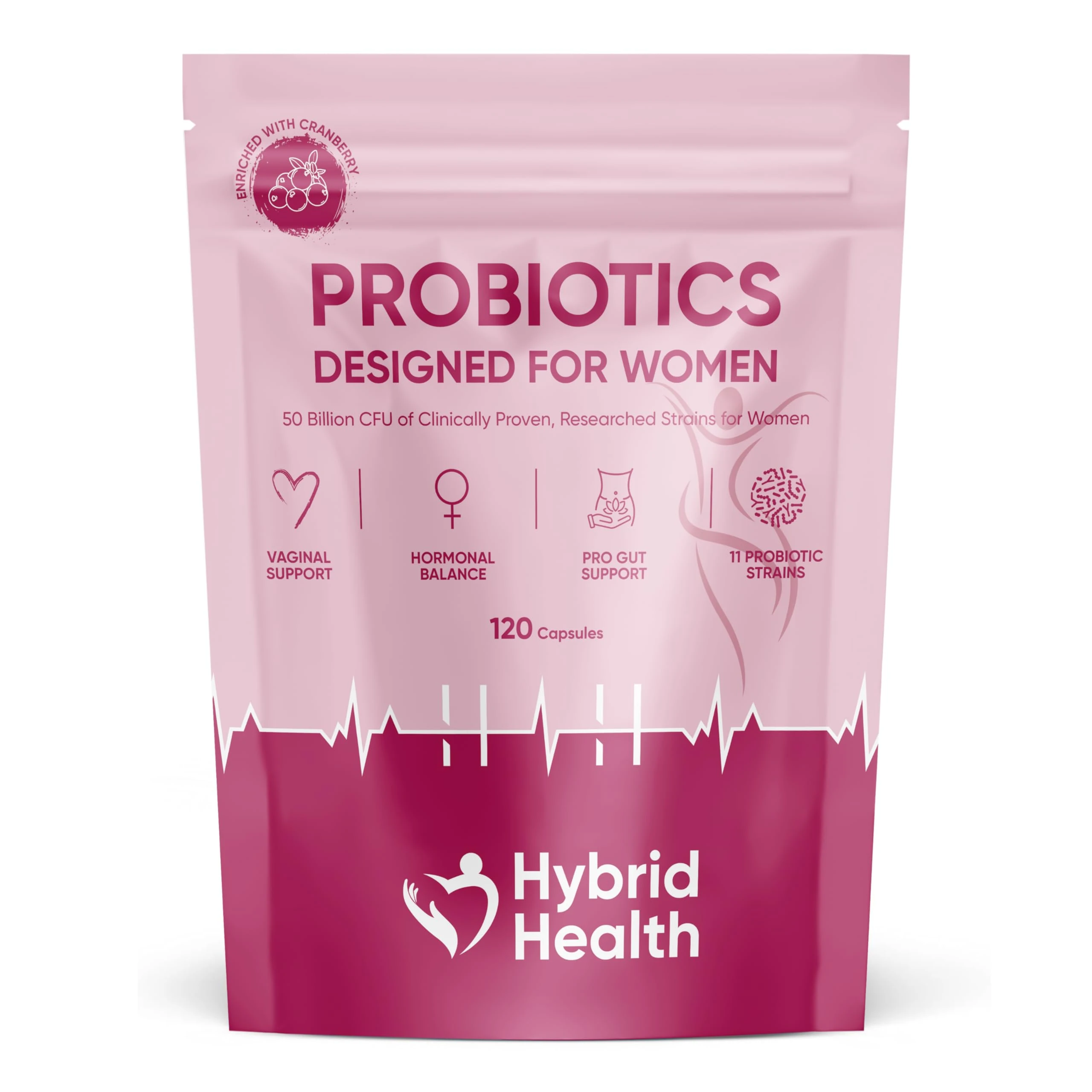 Hybrid Health Probiotics for Women | 120 Vegan Capsules | 50 Billion CFU Womens Probiotics for Gut Health | 11 Probiotic Researched Strains with Prebiotics & Cranberry Extract | Vegan Non-GMO