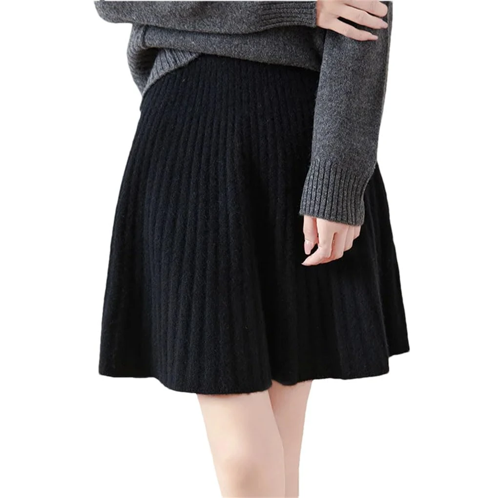 Women's Knitted Pleated Skirts A-LINE Elastic Waist Solid Color Mini Casual Skirt Black XL