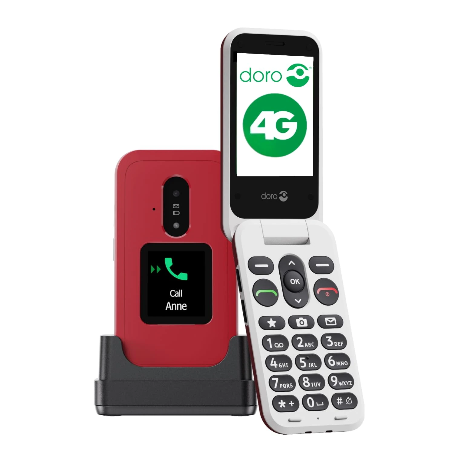 DORO Phone - Doro Leva E30 - 4G Flip Phone For Elderly - Large 2.8" Screen, External Display, High Contrast Keys, Loud & Clear Sound, Camera - Doro Secure Button - Charging Cradle Included - Red/White