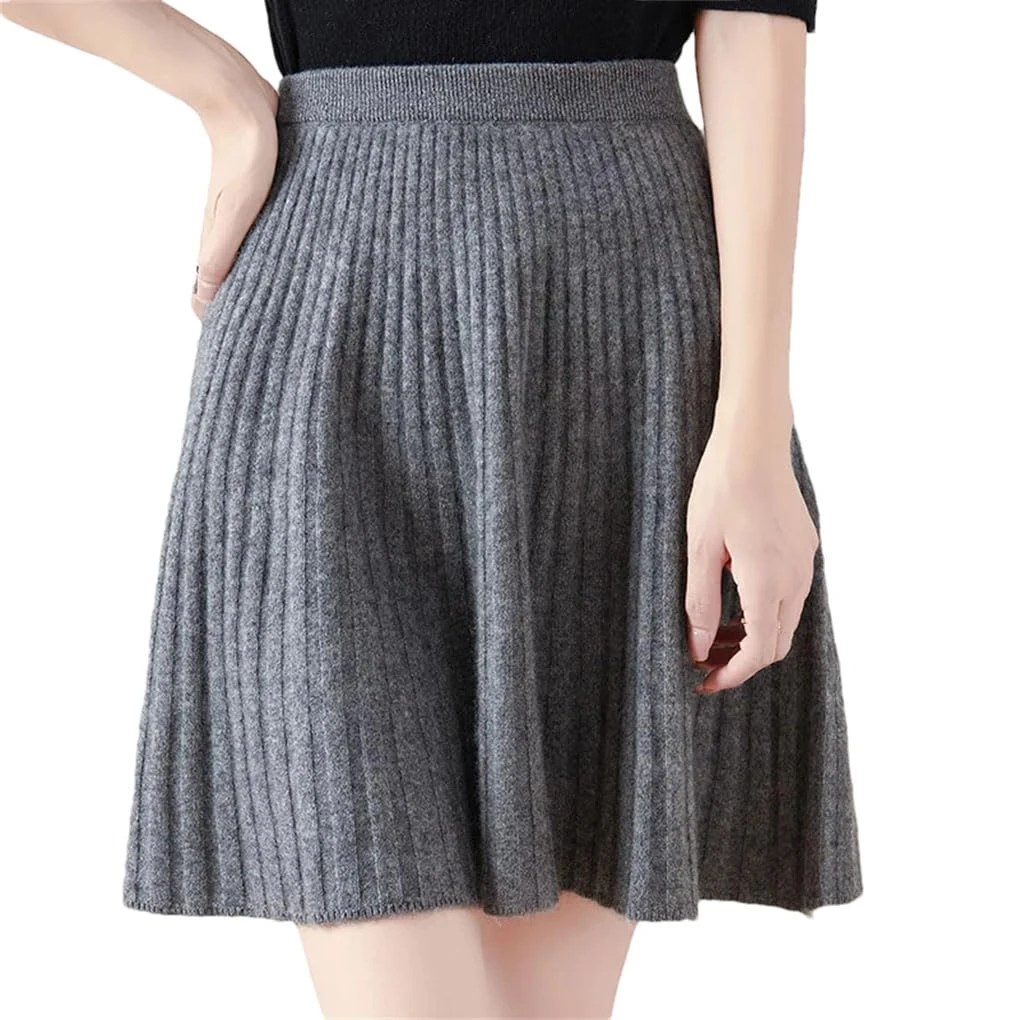 Women's Knitted Pleated Skirts A-LINE Elastic Waist Solid Color Mini Casual Skirt Dark Gray XL