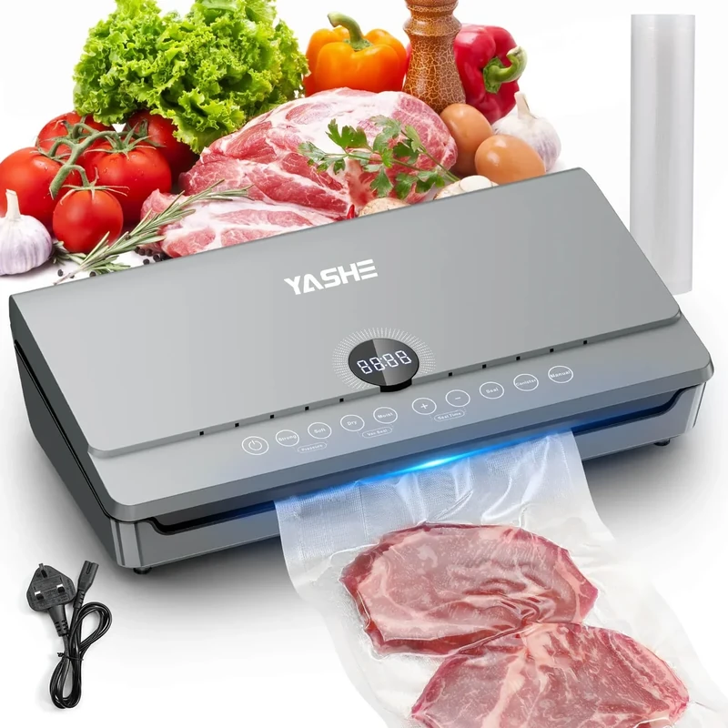 YASHE 80KPA Vacuum Sealer Machine with One-Touch Magnetic Lid, 10-in-1 Double Heat Seal & Double Pump Food Vacuum Sealer Machine, Integrated Roll Storage, Includes 1 Roll of Vacuum Bags (20cm*300cm)