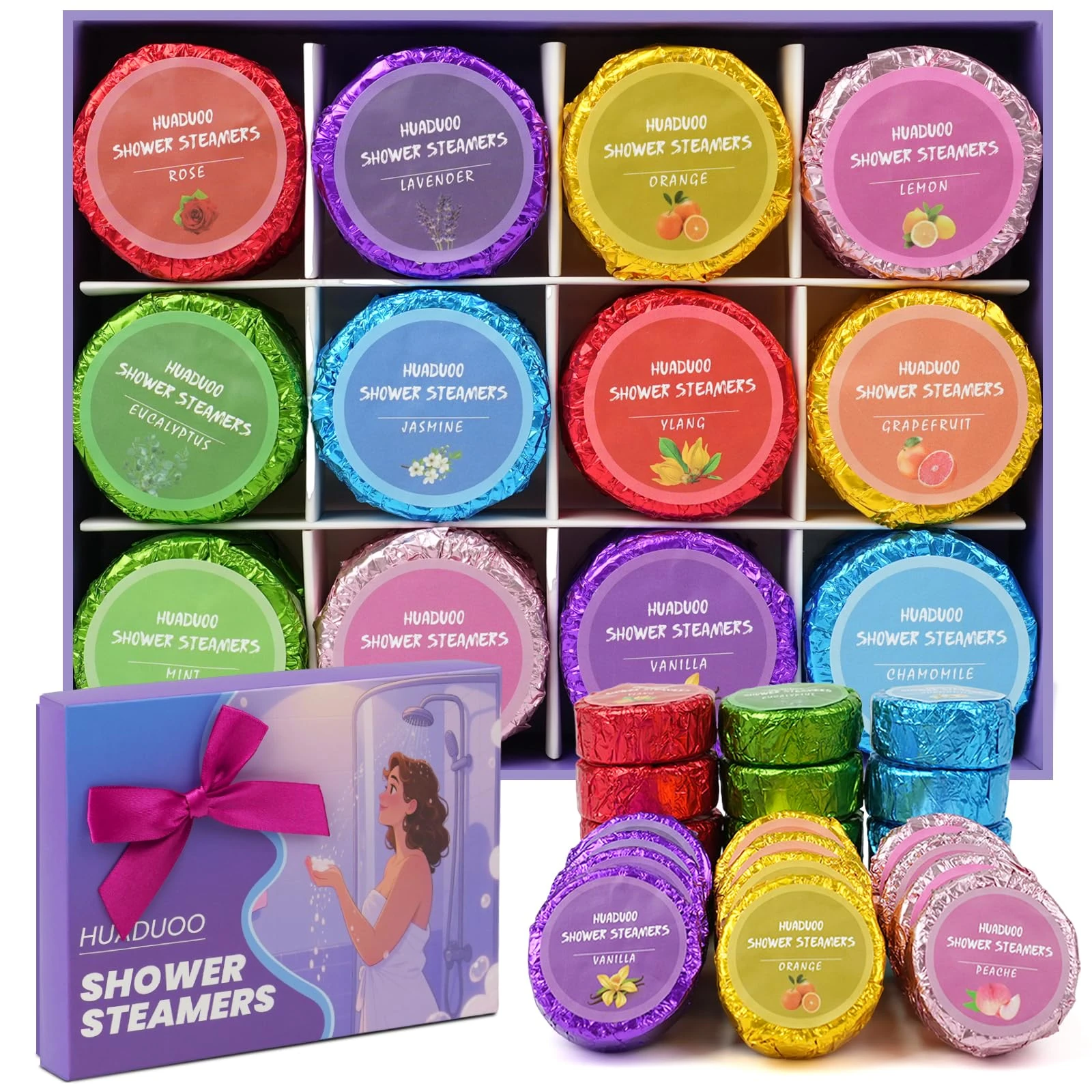 Shower Steamers Aromatherapy for Women or Men, 24 Pcs Natural Shower Bombs with Essential Oils Eucalyptus, Self Care Stress Relief and Relaxation Gifts for Teen Birthday Christmas Travel Essentials