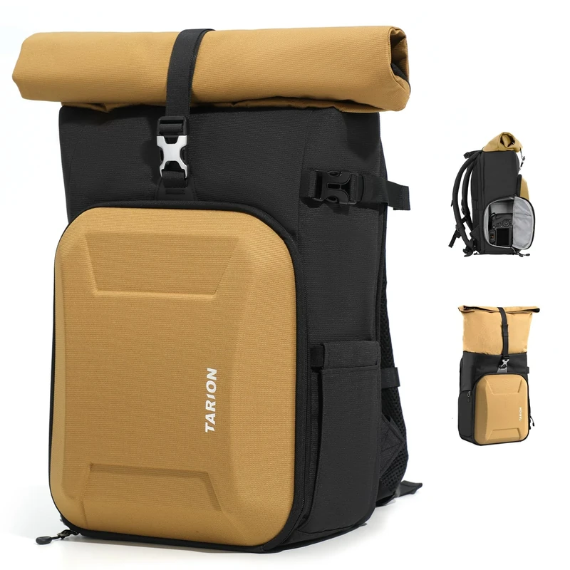 TARION Rolltop Camera Backpack with Hardshell - Large Camera Bag with 16 inch Laptop Sleeve and Quick Side Access - Urban DSLR Photography Backpack with Waterproof Raincover Tripod Holder Gold XH