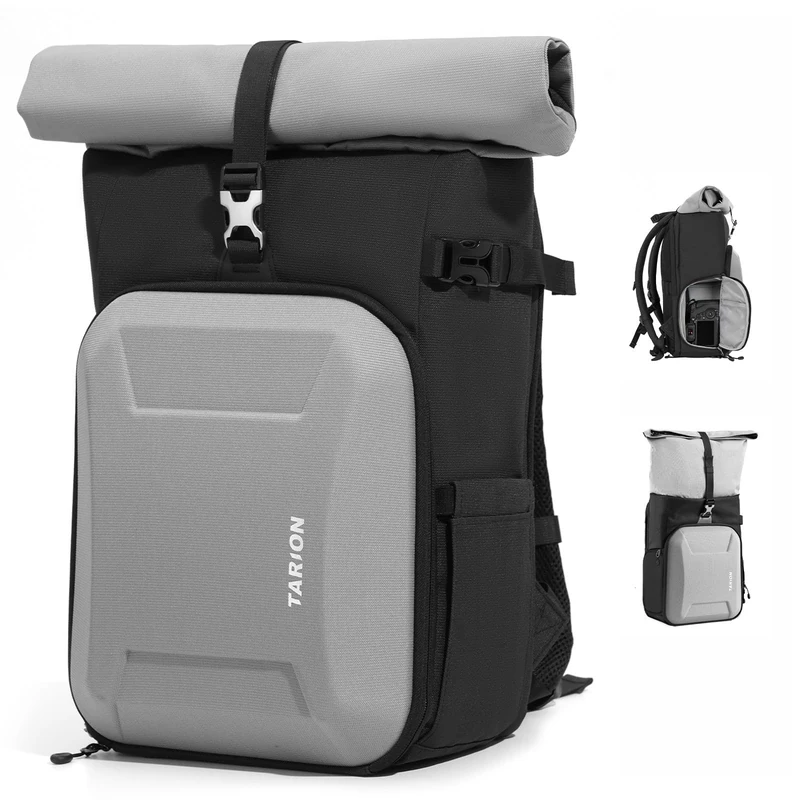 TARION Rolltop Camera Backpack with Hardshell - Expandable Large Camera Bag with 16 inch Laptop Compartment & Side Access & Rain Cover XH (Grey)