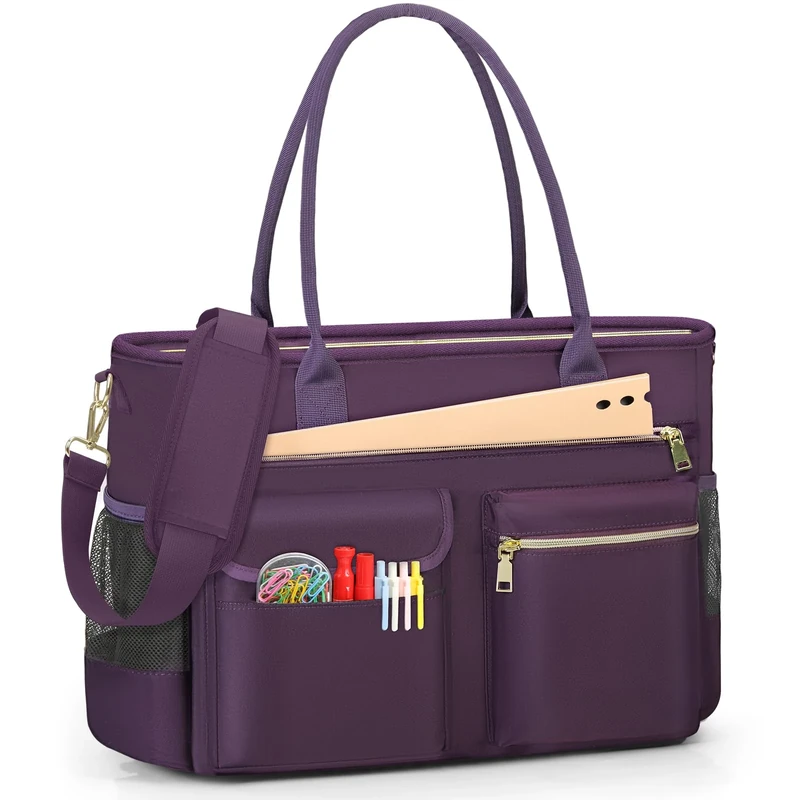 RAINSMORE Laptop Tote Bags for Women 15.6 inch Teacher Bag Large Nurse Utility Bag Computer Messenger Briefcase with Insulated Pocket for Work School Office Business University Dark Purple