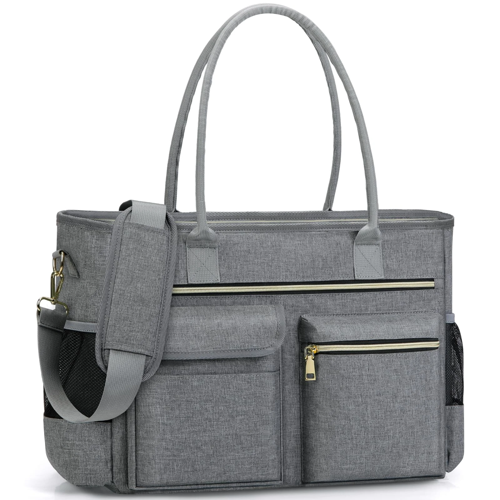 RAINSMORE Laptop Tote Bags for Women 15.6 inch Teacher Bag Large Nurse Utility Bag Computer Messenger Briefcase with Insulated Pocket for Work School Office Business University Grey