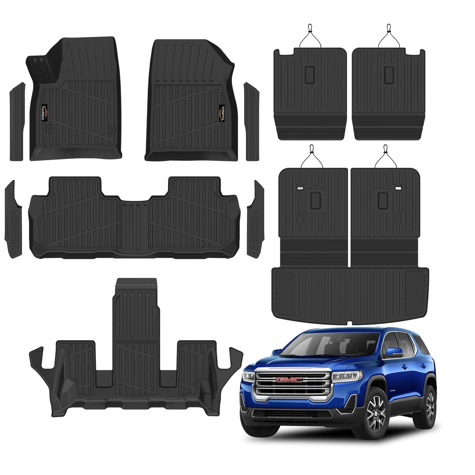 Floor Mats Custom for GMC Acadia 6 Seats 2017-2023 TPE All Weather Cargo Liner with Backrest Mat, 2nd Row Seat Back Protector & Door Sill Guards for Acadia Accessories, Black
