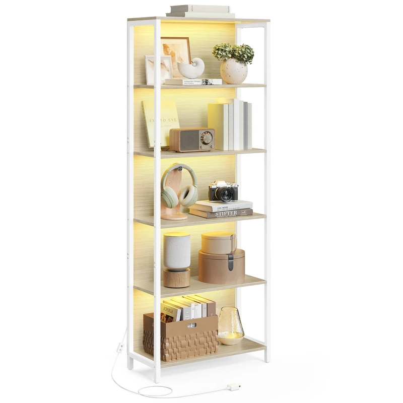 VASAGLE 6 Tier Bookcase with LED Light, Bookcase with Adjustable Lights, Steel Frame, 30.3 x 60 x 178.5 cm, for Living Room, Bedroom, Office, Natural Beige LLS120LL01