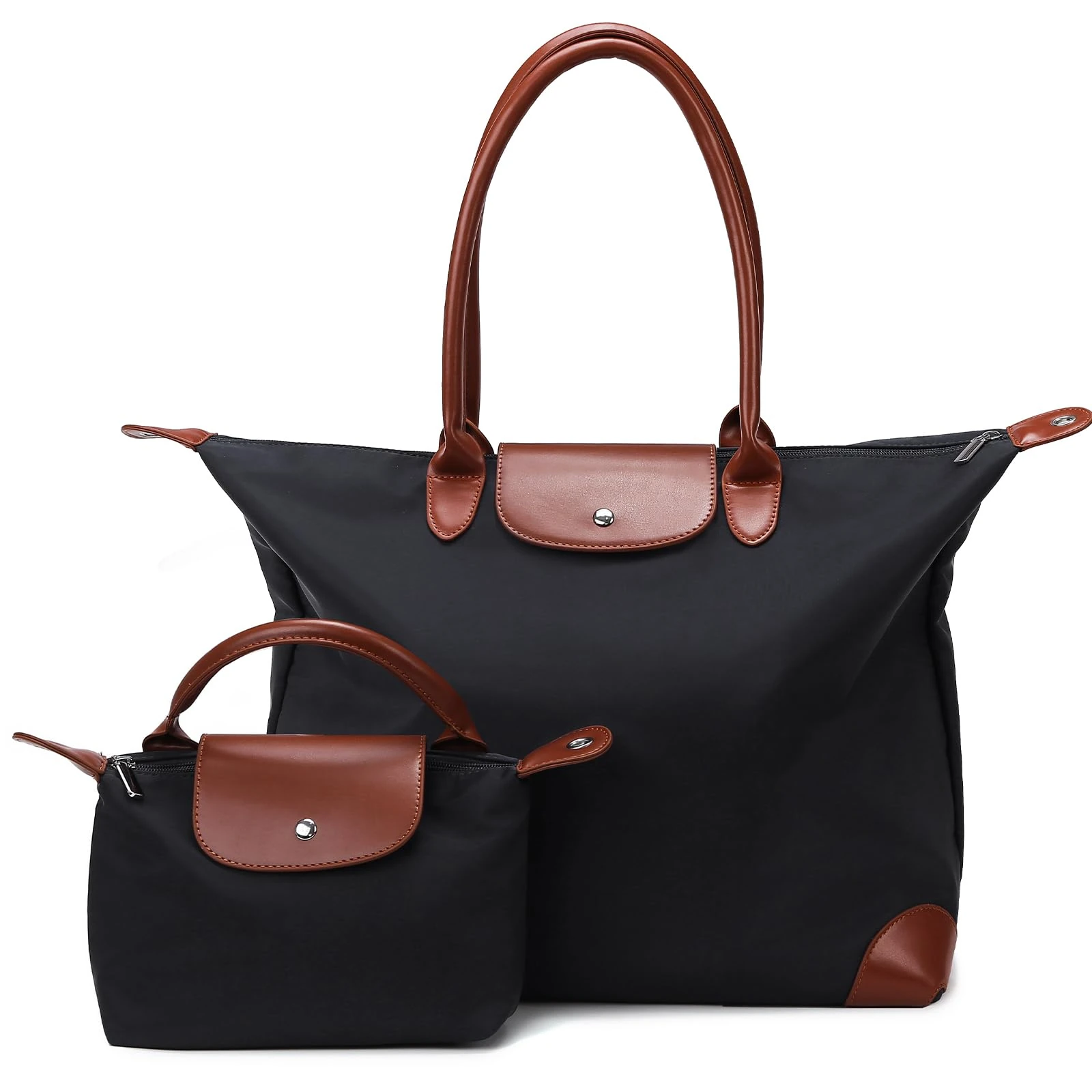 Outplea Long Handled Tote Bags for Women with Zip, Ladies Shoulder Bag with Detachable Straps, Large Waterproof Handbags for Travel Work Business Shopping, Black