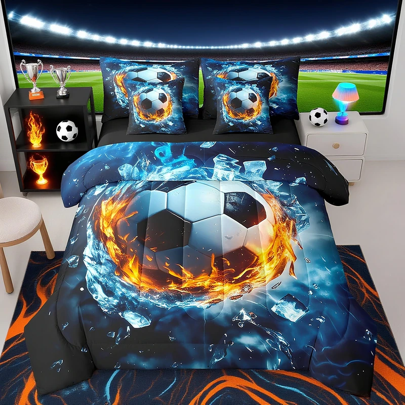 Feelyou 3D Soccer Ball Game Comforter Set with Sheets Twin Size 7 Pieces Kids Football Pattern Bedding Set for Boys Girls Teens Sports Theme Bed in a Bag Room Decor