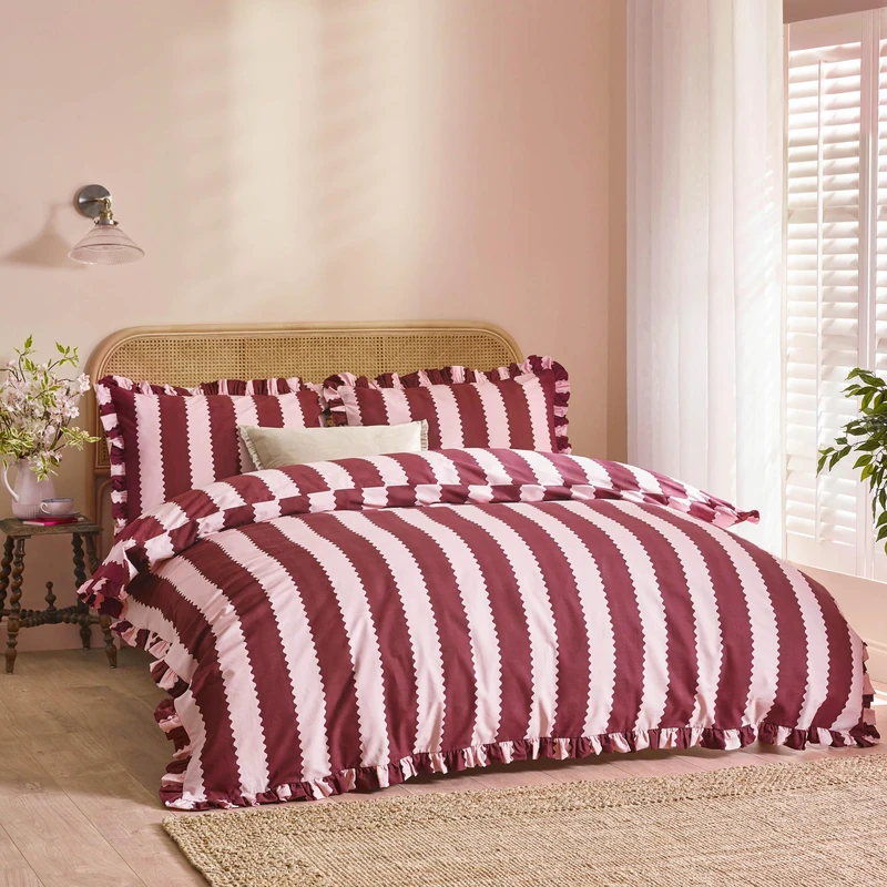 furn. Wylder Birdie Stripe Duvet Cover Set – Reversible Ruffled Cotton Rich Striped Bedding (Burgundy/Blossom - Super King)