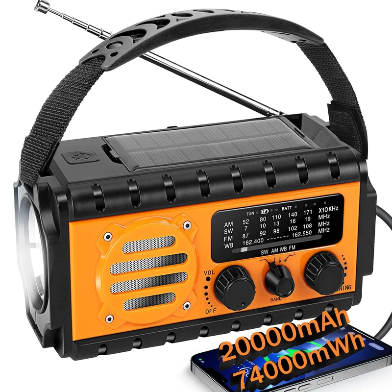 Wind Up Solar Radio, AM/FM/SW Emergency Solar Radio with 20000mAh Rechargeable Power Bank, Hand Crank Radio with USB Charger, Flashlight, Reading Lamp, SOS Alarm for Camping and Emergencies (Orange)