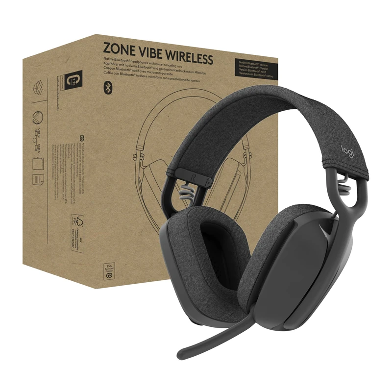 Logitech Zone Vibe Wireless Bluetooth headphones with noise-cancelling mic, undergoing certification for Microsoft Teams over native Bluetooth, Mac/PC - Graphite