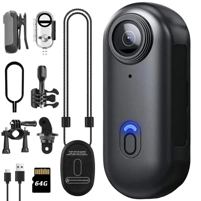 ABSAMAYS 1080P Mini Thumb Action Camera, Portable Vlogging Camera, Wearable Small Body Camera, Hands-Free POV Video Recorder for Motorcycle, Bike, Work, Travel, Pet Walking (64GB Ultimate Kit, Black)