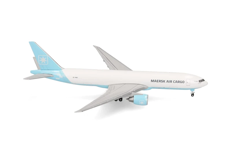Herpa model aircraft Maersk Air Cargo Boeing 777F - OY-MAC 'Maersk Swan', 1:500 scale miniature, collector’s item, aircraft model without stand, metal