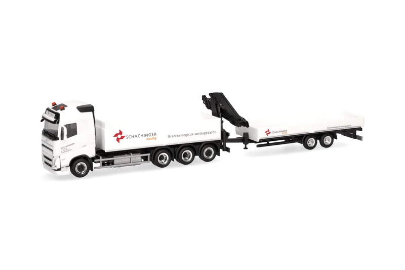 Herpa truck model Volvo FH GL 2020 flatbed truck 4-axle with low-bed tandem trailer 2-axle 'Schachinger' (Austria), 1:87 scale miniature, collector’s item, Made in Germany, plastic