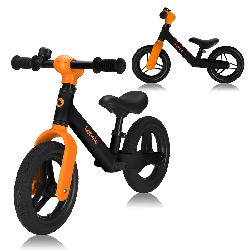 lionelo Children’s Balance Bike TONI from 18 months up to 30 kg, 25 cm PU Rubber Wheels, Footrest, Basket, Adjustable Seat and Handlebars, Non-slip Grip, Lightweight 2.3 kg, Bell (Black Orange)