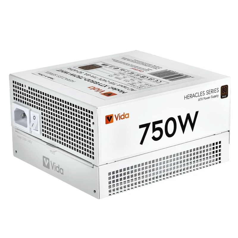 VIDA 750W Heracles White ATX Gaming PSU, 80 Plus Bronze, 14cm Ultra-Quiet FDM Fan, Flat White Cables, Power Lead Not Included