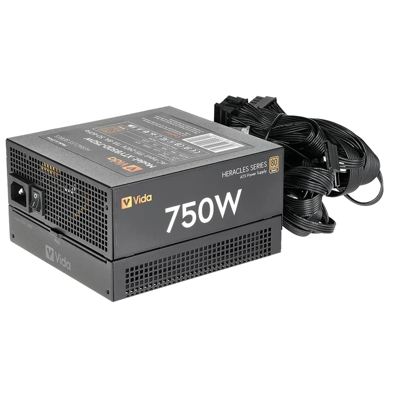 VIDA 750W Heracles Black ATX Gaming PSU, 80 Plus Bronze, 14cm Ultra-Quiet FDM Fan, Flat Black Cables, Power Lead Not Included