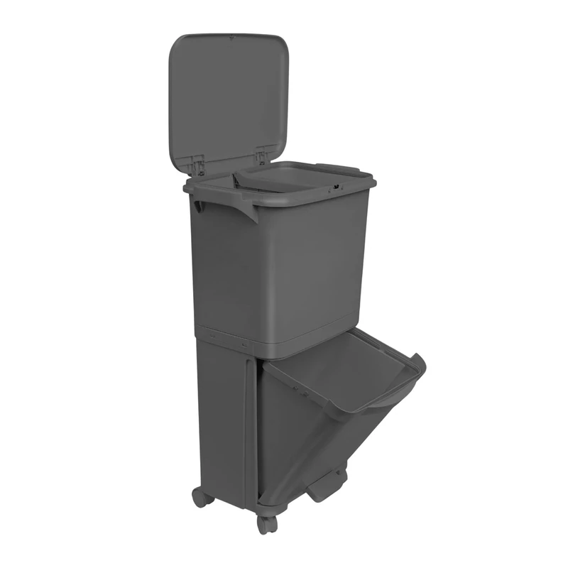WELL HOME MOBILIARIO & DECORACIÓN 38L (24L + 14L) BIN WITH FOOT PEDAL WHEELS AND TWO COMPARTMENT HANDLE BIN CHARCOAL BLACK
