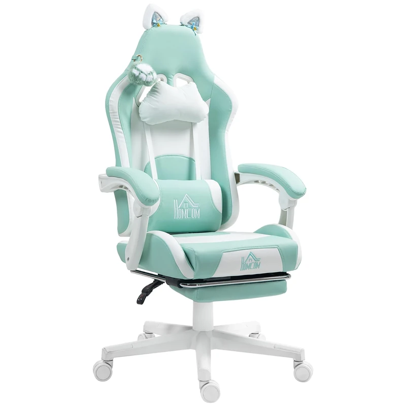 HOMCOM Gaming Chair for Adults with Cat Ears, Faux Leather Reclining Computer Chair with Footrest, Lumbar Support and Headrest, Height Adjustable Swivel Seat, Light Blue