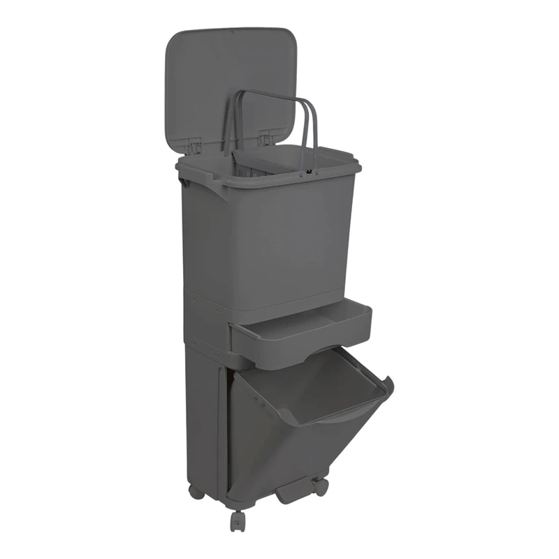 WELL HOME MOBILIARIO & DECORACIÓN 42L (24L + 4L + 14L) TRUE BIN WITH FOOT PEDAL WHEEL & TRIPLE HANDLE - CHARCOAL BLACK