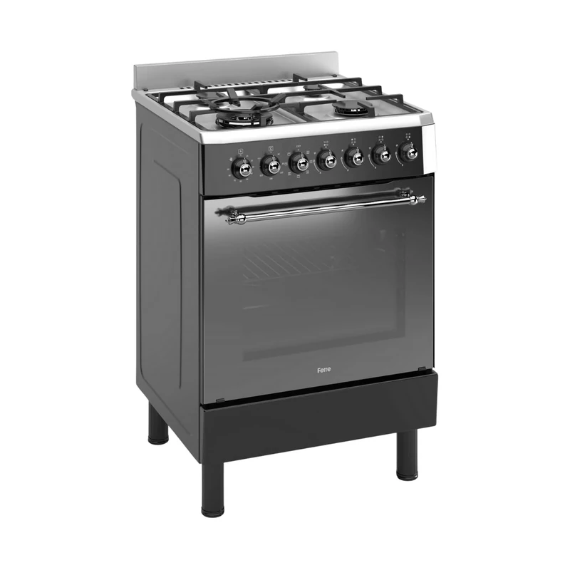Ferre F6IP40E7-IBL-RETRO 60cm Cooker, Freestanding Dual Fuel Cooker, With Wok Burner, Turbo Fan, Shiny Stainless Steel & Black, NG/LPG Convertible