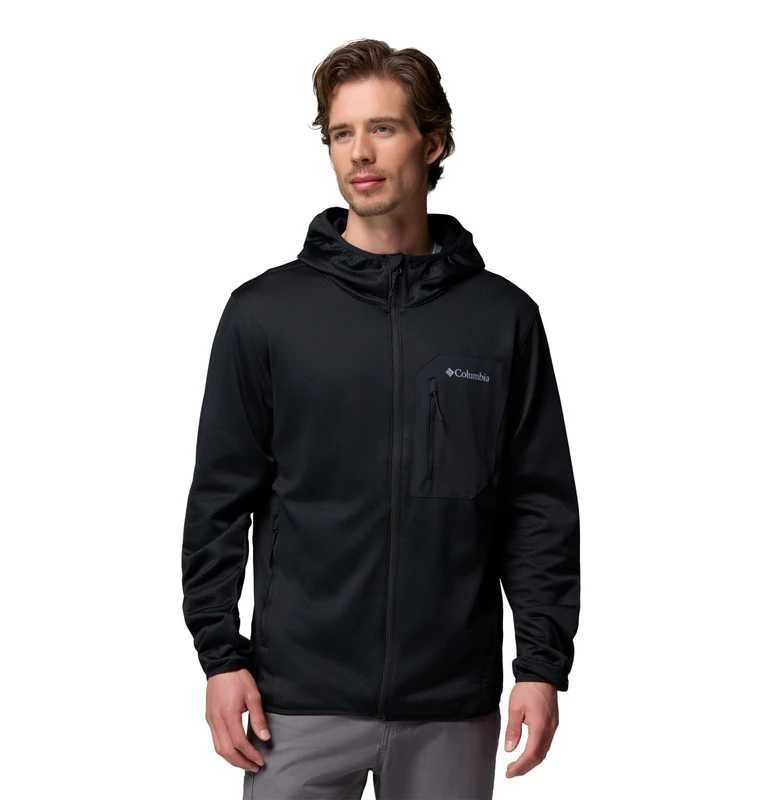 Columbia Men's Tall Heights Hooded Grid Fleece Full Zip, Full Zip Fleece Jacket, Black, Large