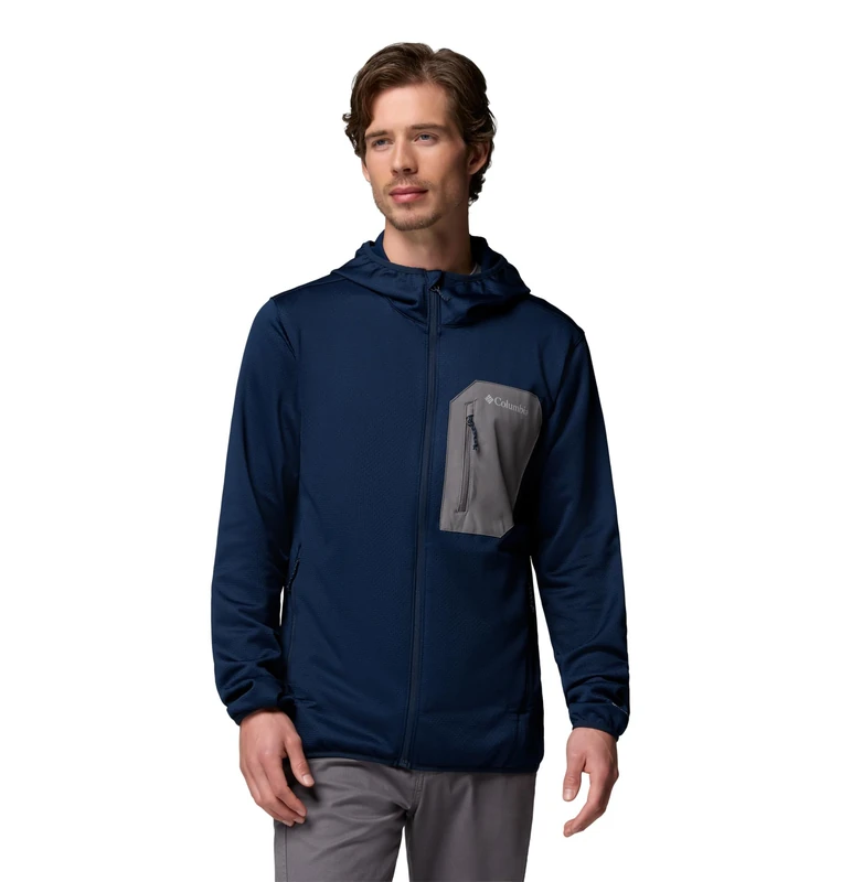 Columbia Men's Tall Heights Hooded Grid Fleece Full Zip, Full Zip Fleece Jacket, Collegiate Navy/City Grey, X-Large