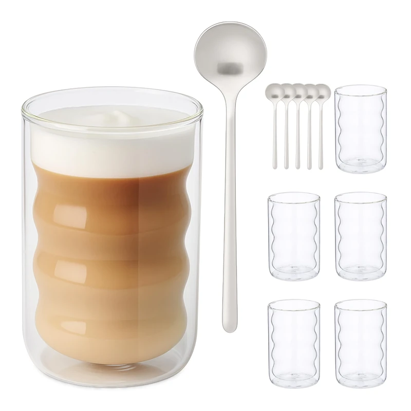 Relaxdays Latte Macchiato Glasses, Set of 6, with Spoons, Wavy Design, Double-Walled, 350 ml, Coffee Mugs, Transparent